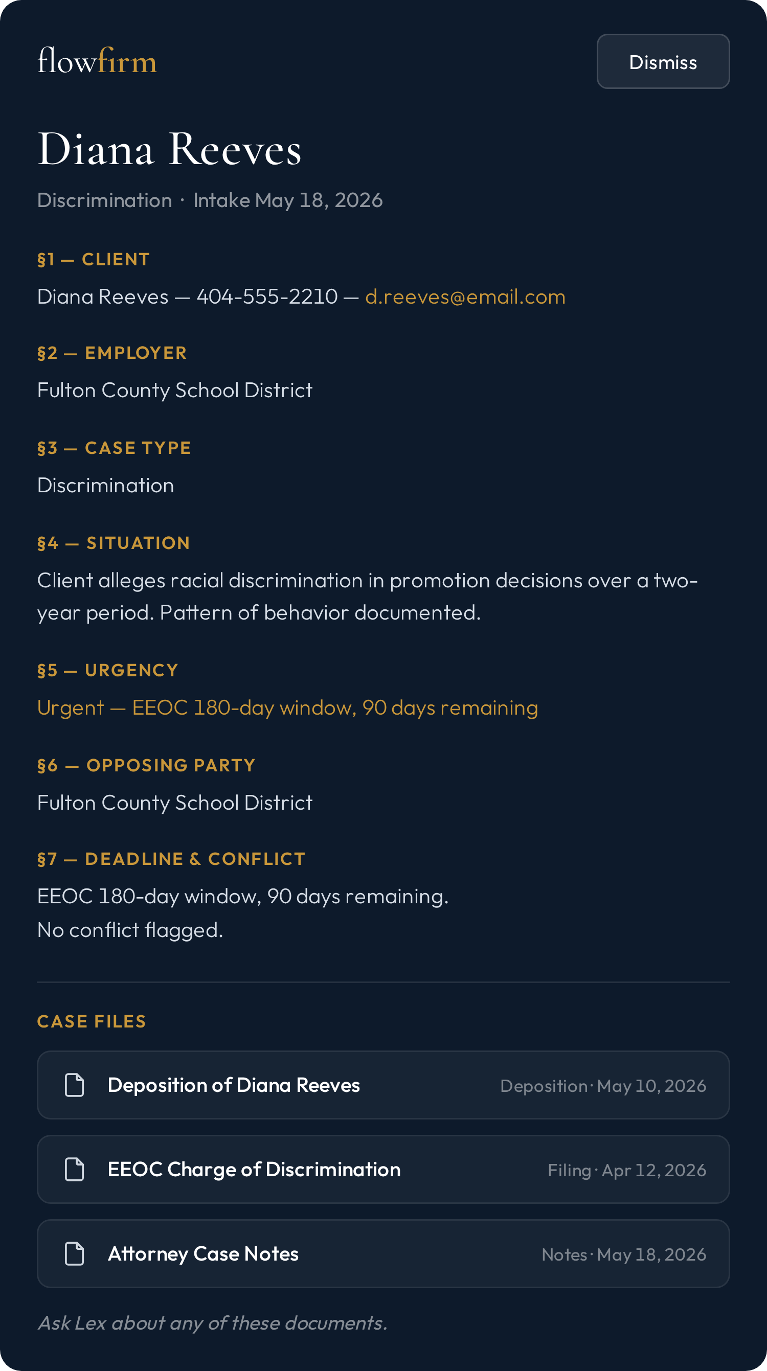Flowfirm intake brief for Diana Reeves with captured matter details and linked case files